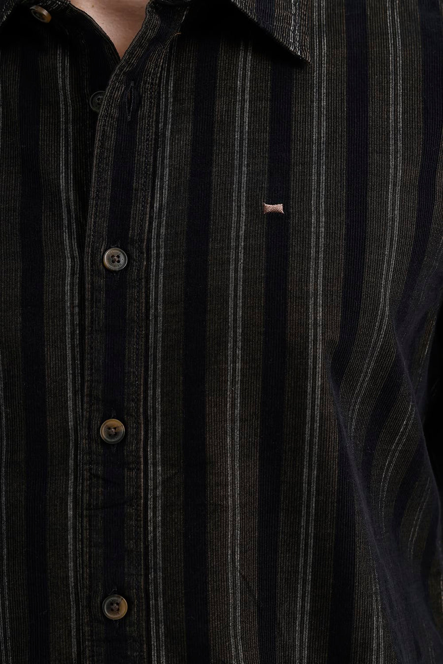 BASICS SLIM FIT ANTHRACITE BROWN COTTON CORDUROY STRIPE SHIRT