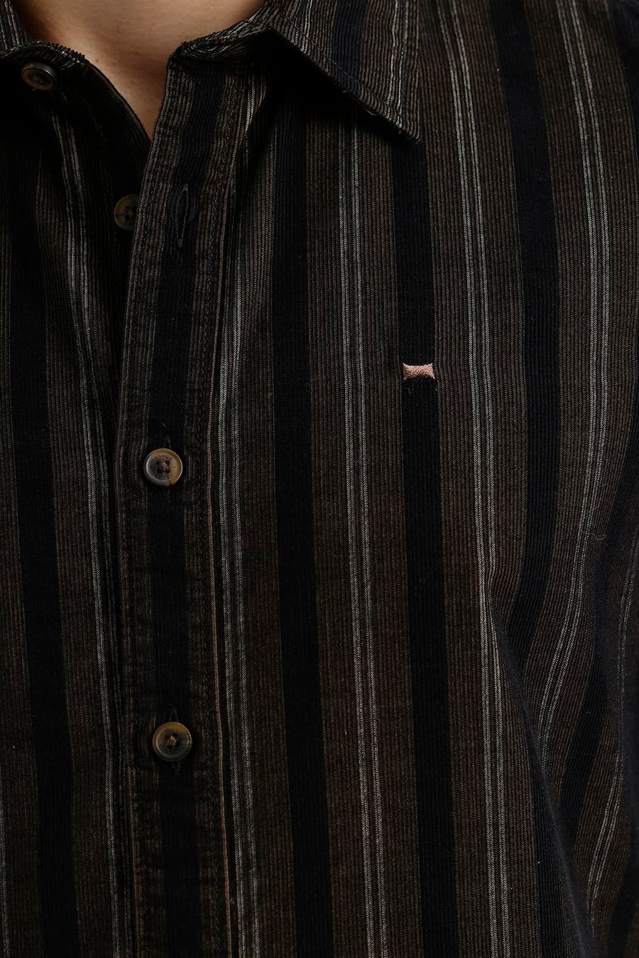 BASICS SLIM FIT ANTHRACITE BROWN COTTON CORDUROY STRIPE HALFSLEEVES SHIRT