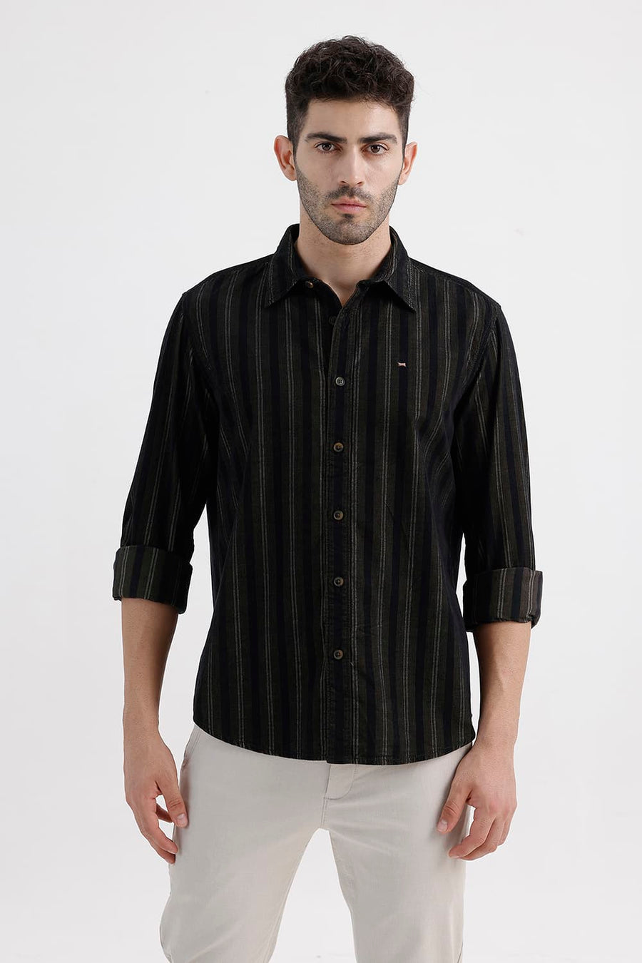 BASICS SLIM FIT ANTHRACITE BROWN COTTON CORDUROY STRIPE SHIRT