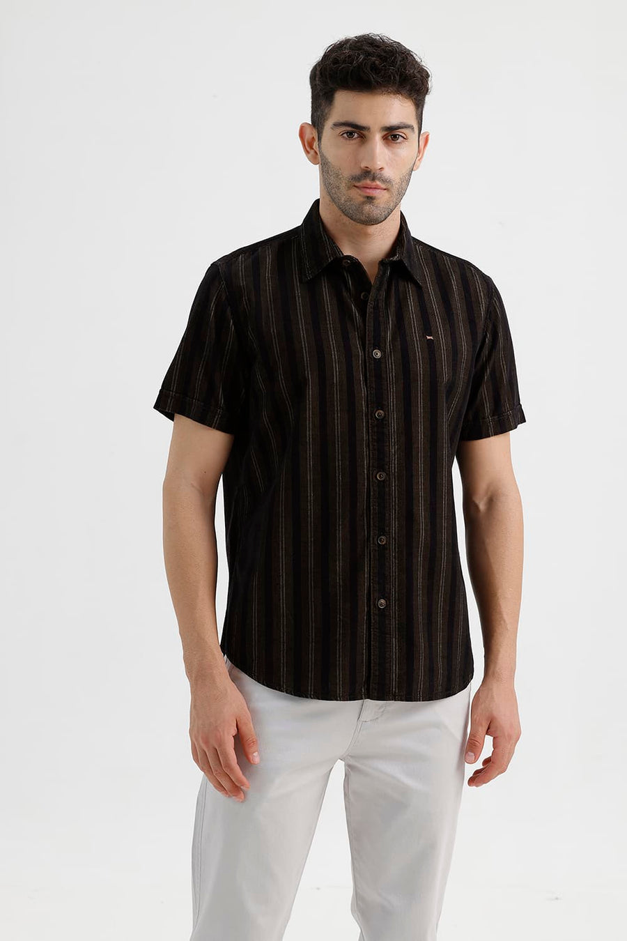 BASICS SLIM FIT ANTHRACITE BROWN COTTON CORDUROY STRIPE HALFSLEEVES SHIRT