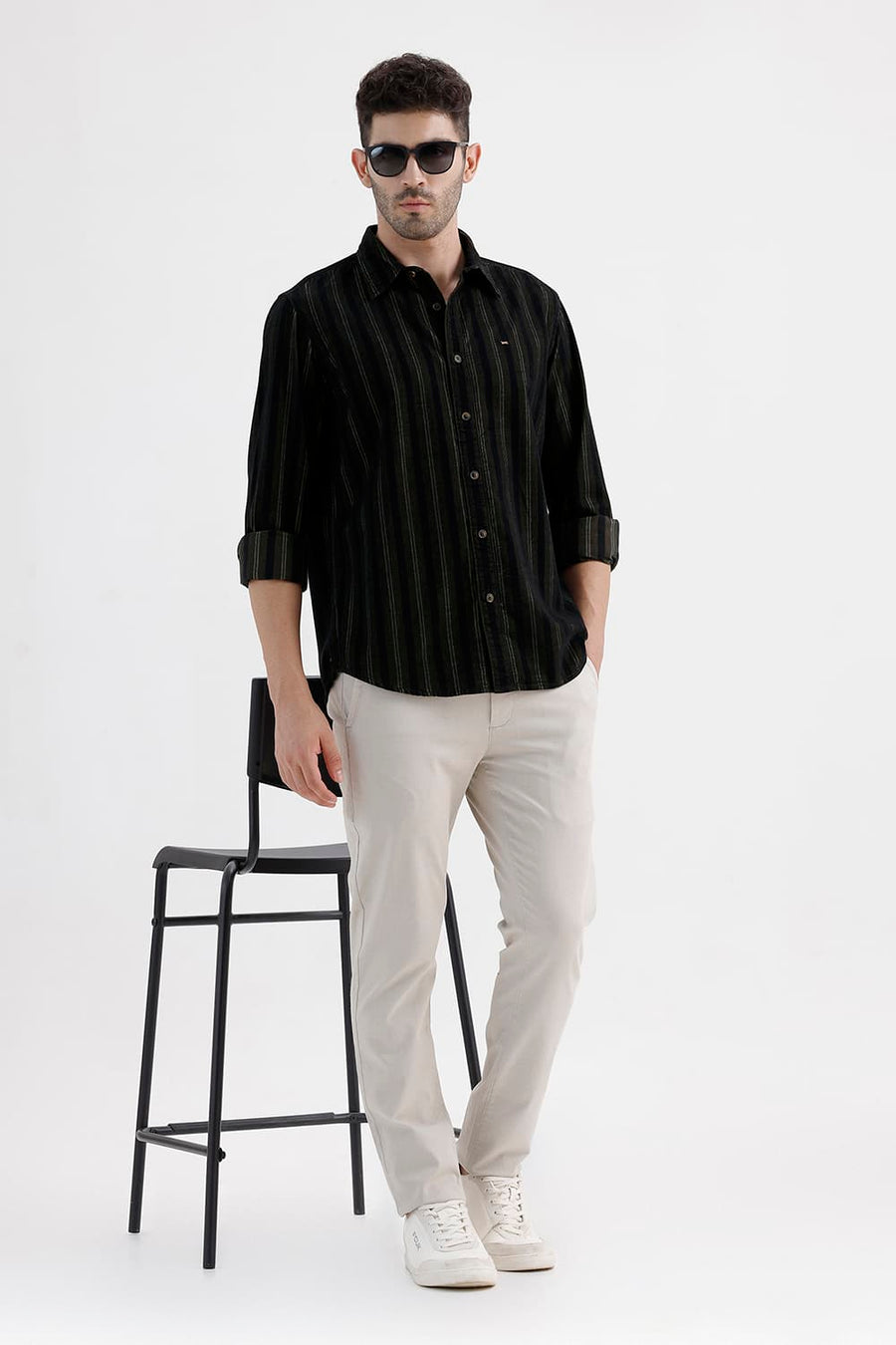 BASICS SLIM FIT ANTHRACITE BROWN COTTON CORDUROY STRIPE SHIRT