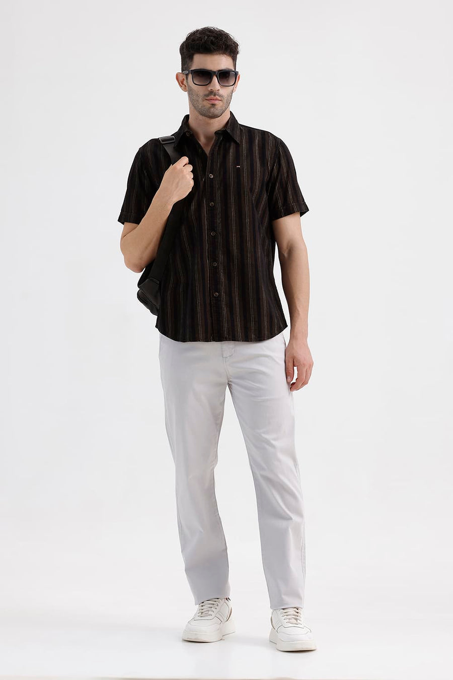 BASICS SLIM FIT ANTHRACITE BROWN COTTON CORDUROY STRIPE HALFSLEEVES SHIRT