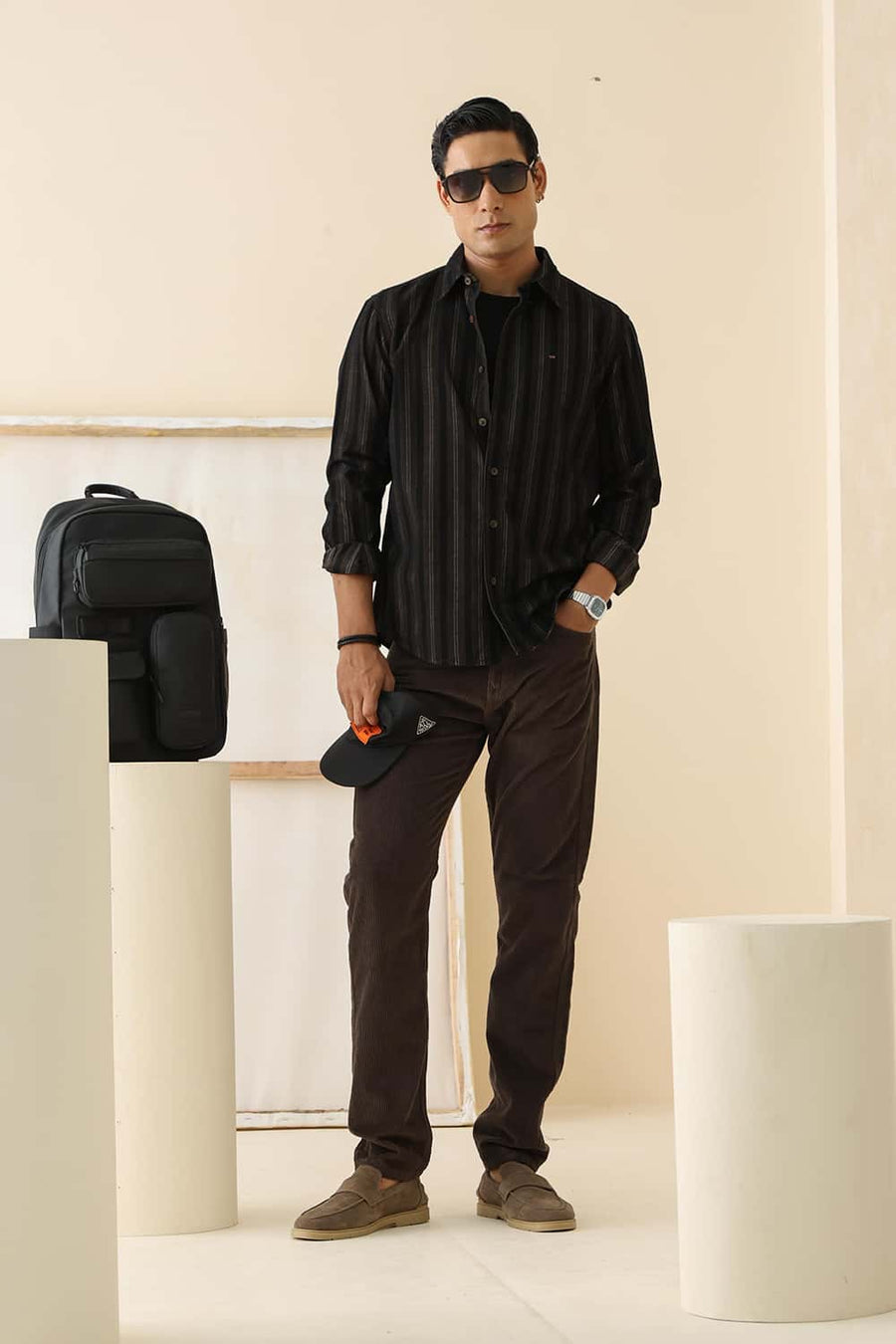 Basics Slim Fit Anthracite Brown Cotton Corduroy Stripe Shirt