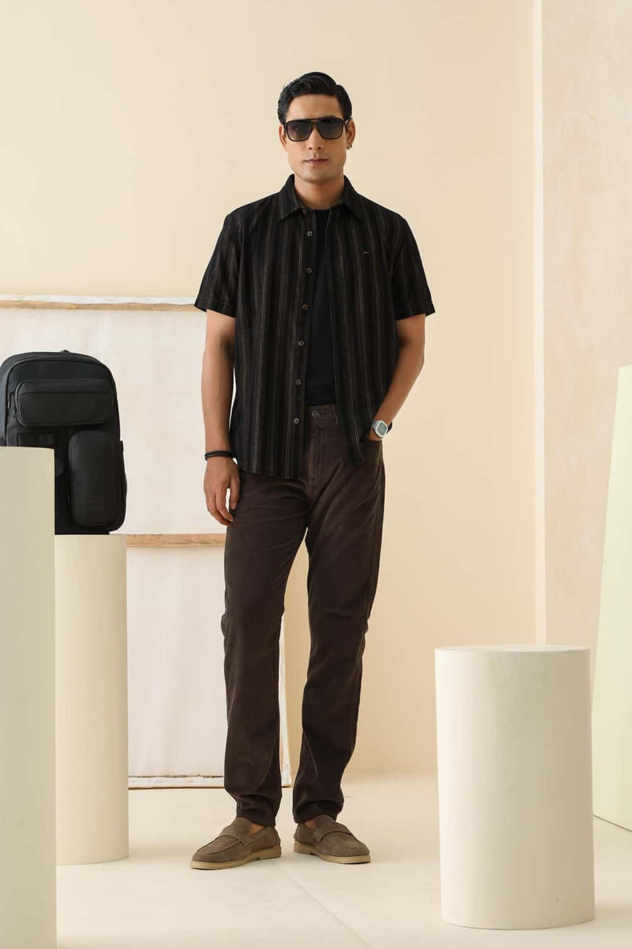 Basics Slim Fit Anthracite Brown Cotton Corduroy Stripe Halfsleeves Shirt