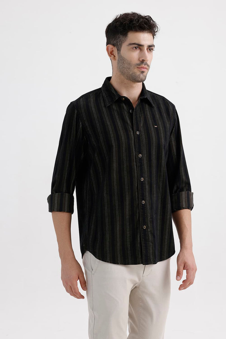 BASICS SLIM FIT ANTHRACITE BROWN COTTON CORDUROY STRIPE SHIRT