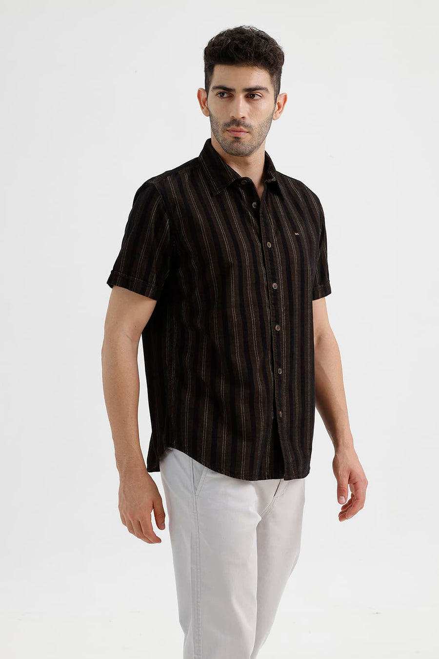 BASICS SLIM FIT ANTHRACITE BROWN COTTON CORDUROY STRIPE HALFSLEEVES SHIRT