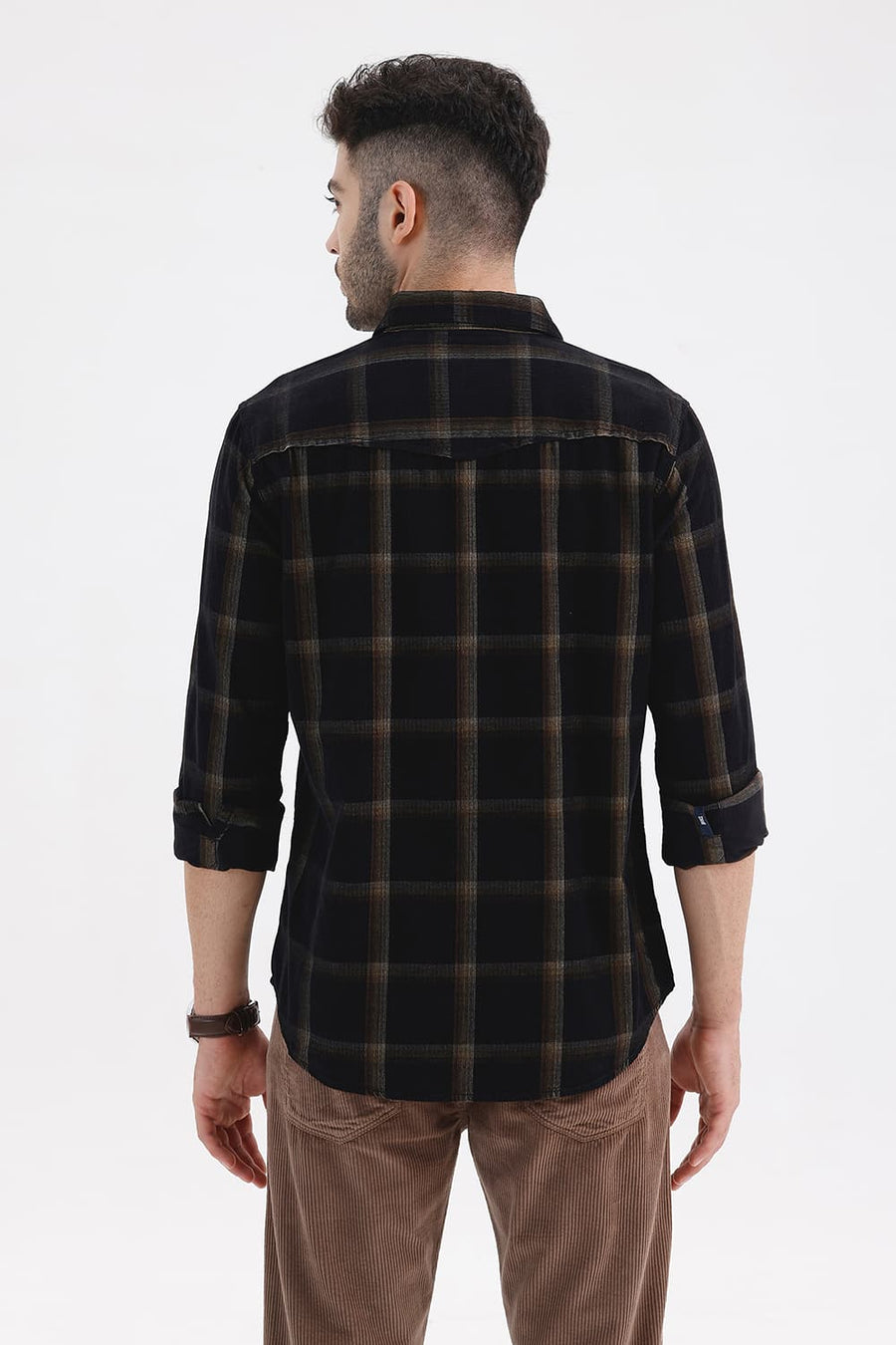 BASICS SLIM FIT BLACK VULCAN COTTON CORDUROY CHECKS SHIRT