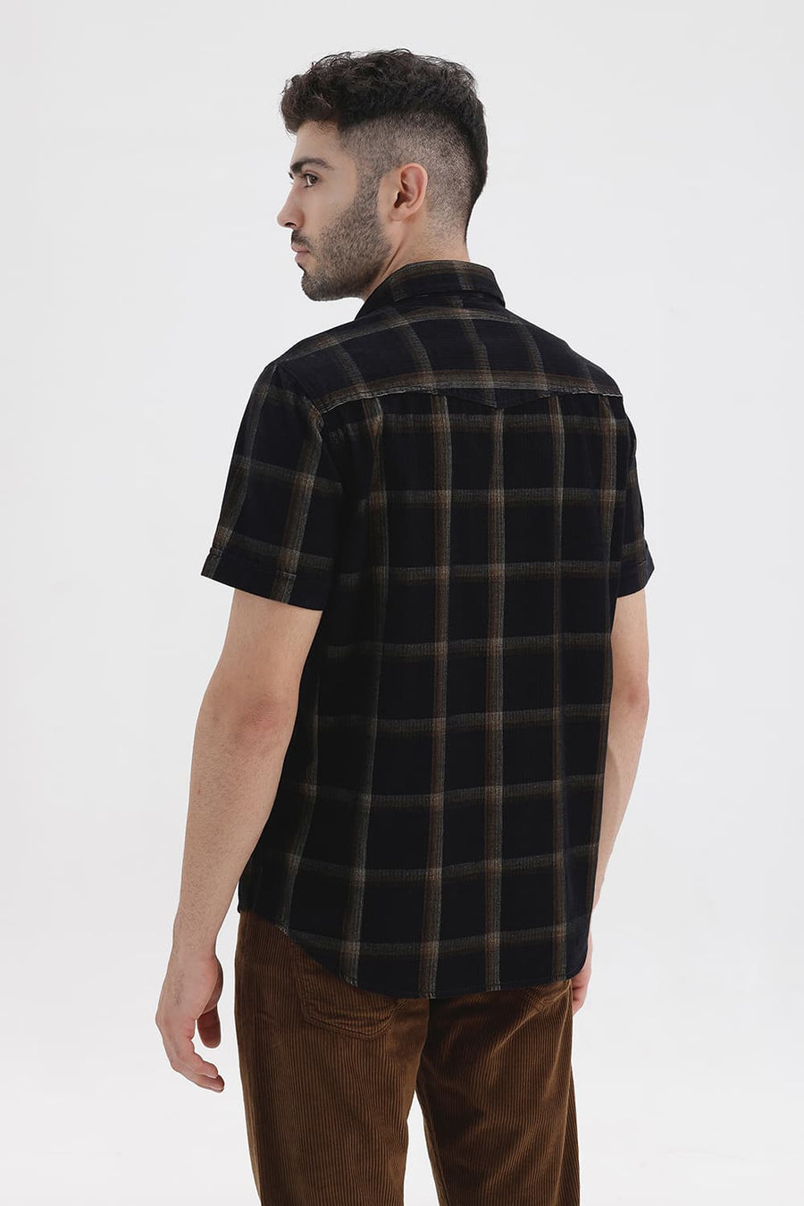 BASICS SLIM FIT BLACK VULCAN COTTON CORDUROY CHECKS HALFSLEEVES SHIRT