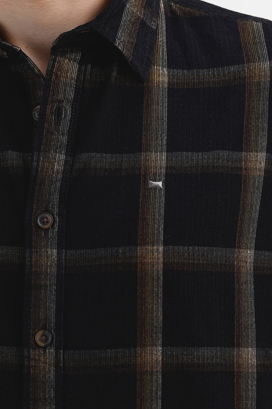 BASICS SLIM FIT BLACK VULCAN COTTON CORDUROY CHECKS SHIRT