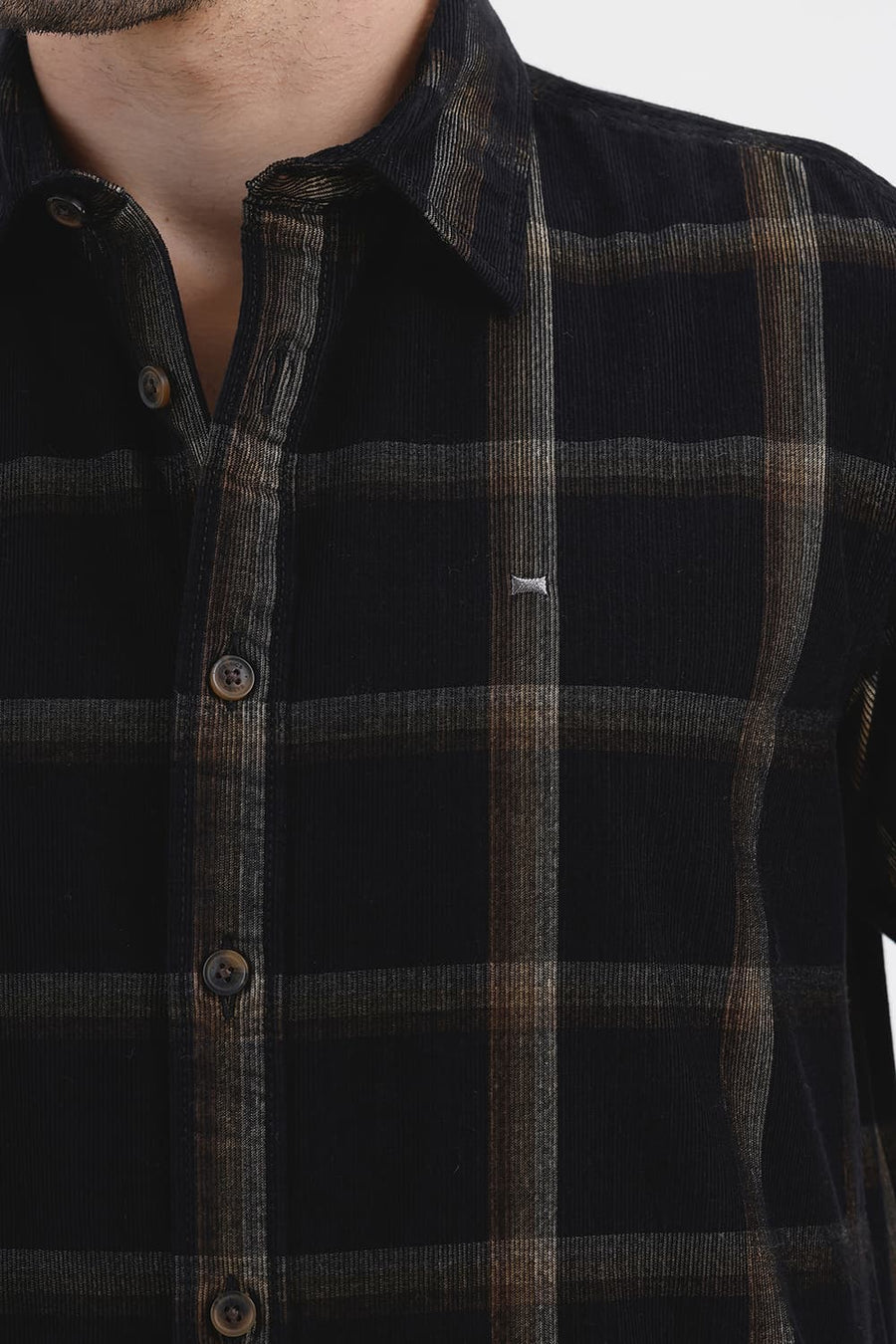 BASICS SLIM FIT BLACK VULCAN COTTON CORDUROY CHECKS HALFSLEEVES SHIRT