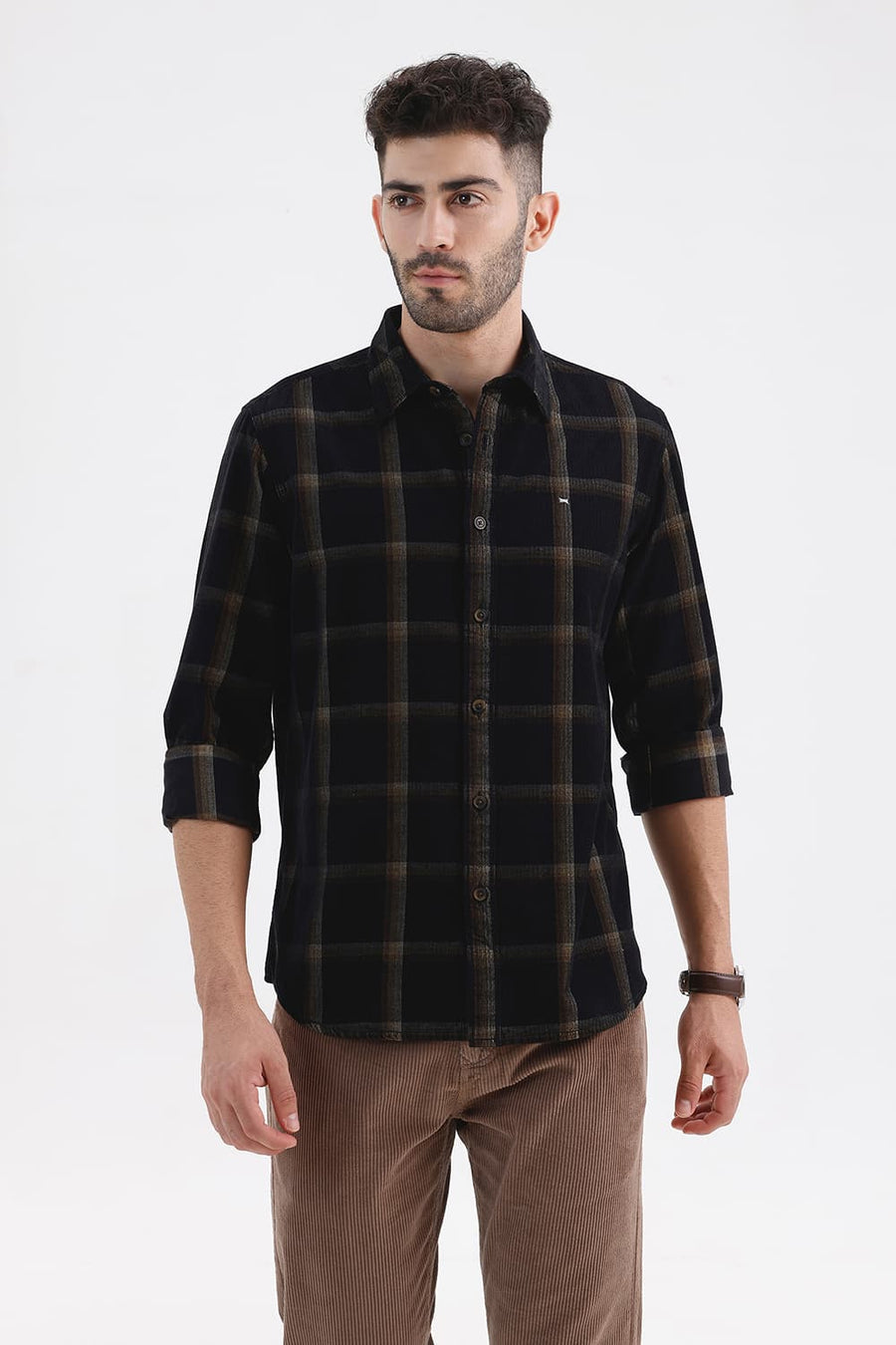 BASICS SLIM FIT BLACK VULCAN COTTON CORDUROY CHECKS SHIRT