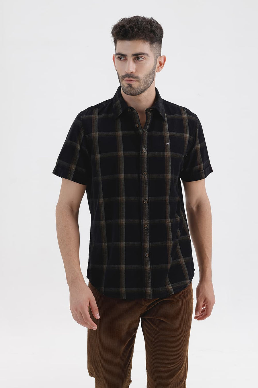 BASICS SLIM FIT BLACK VULCAN COTTON CORDUROY CHECKS HALFSLEEVES SHIRT