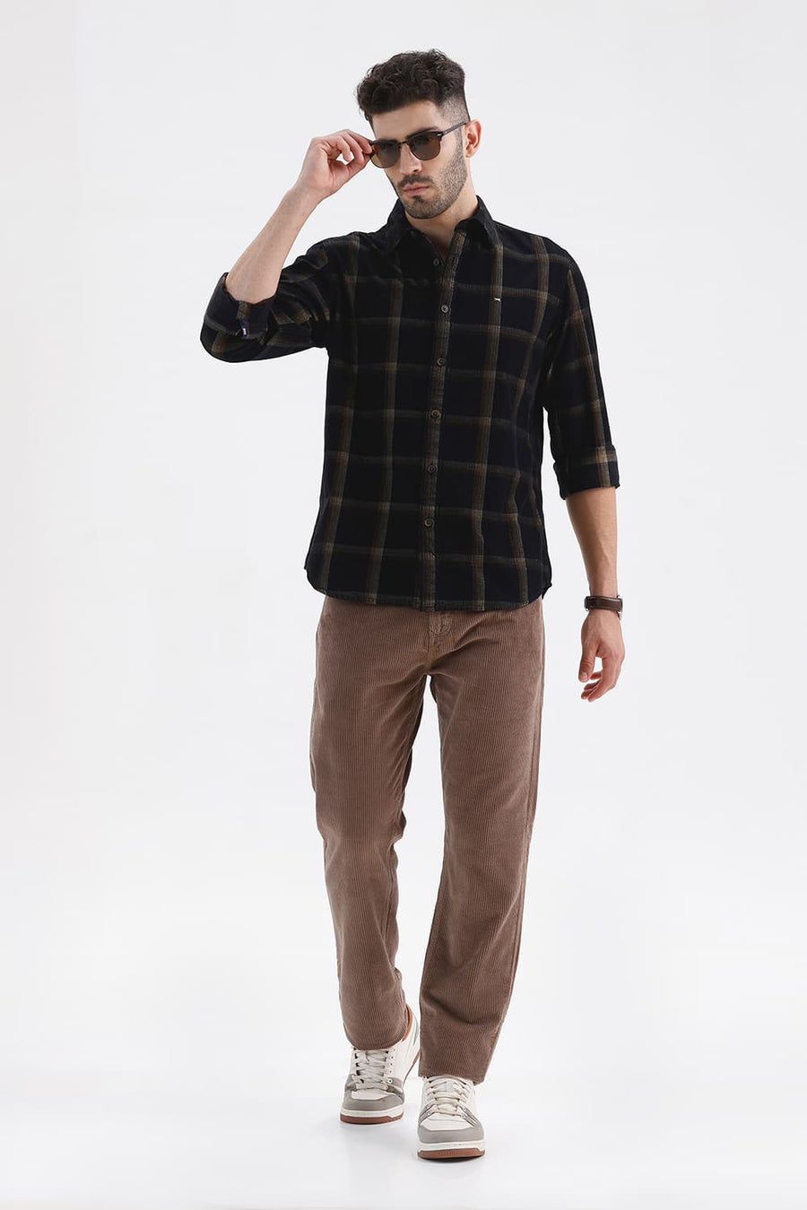 BASICS SLIM FIT BLACK VULCAN COTTON CORDUROY CHECKS SHIRT