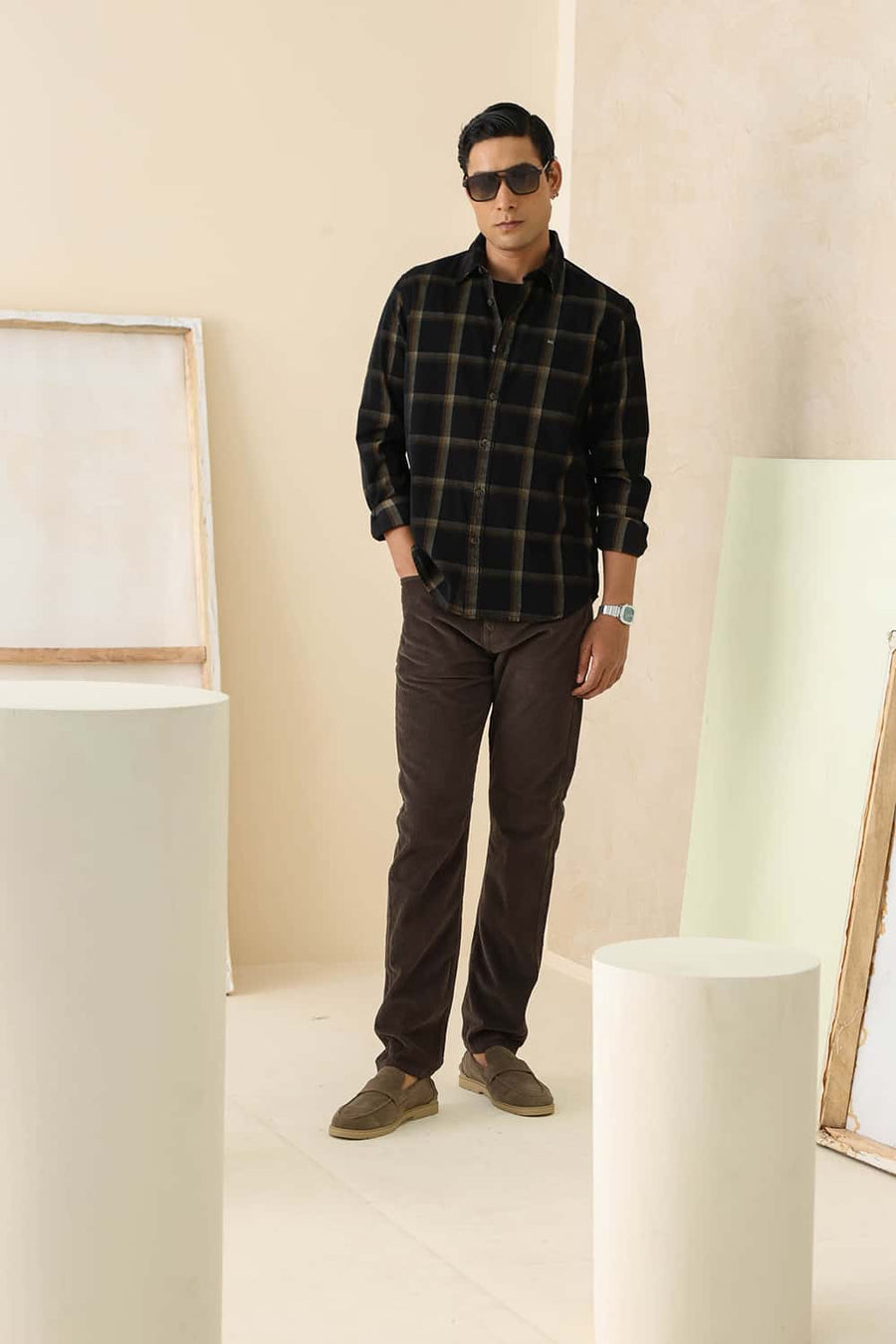Basics Slim Fit Black Vulcan Cotton Corduroy Checks Shirt