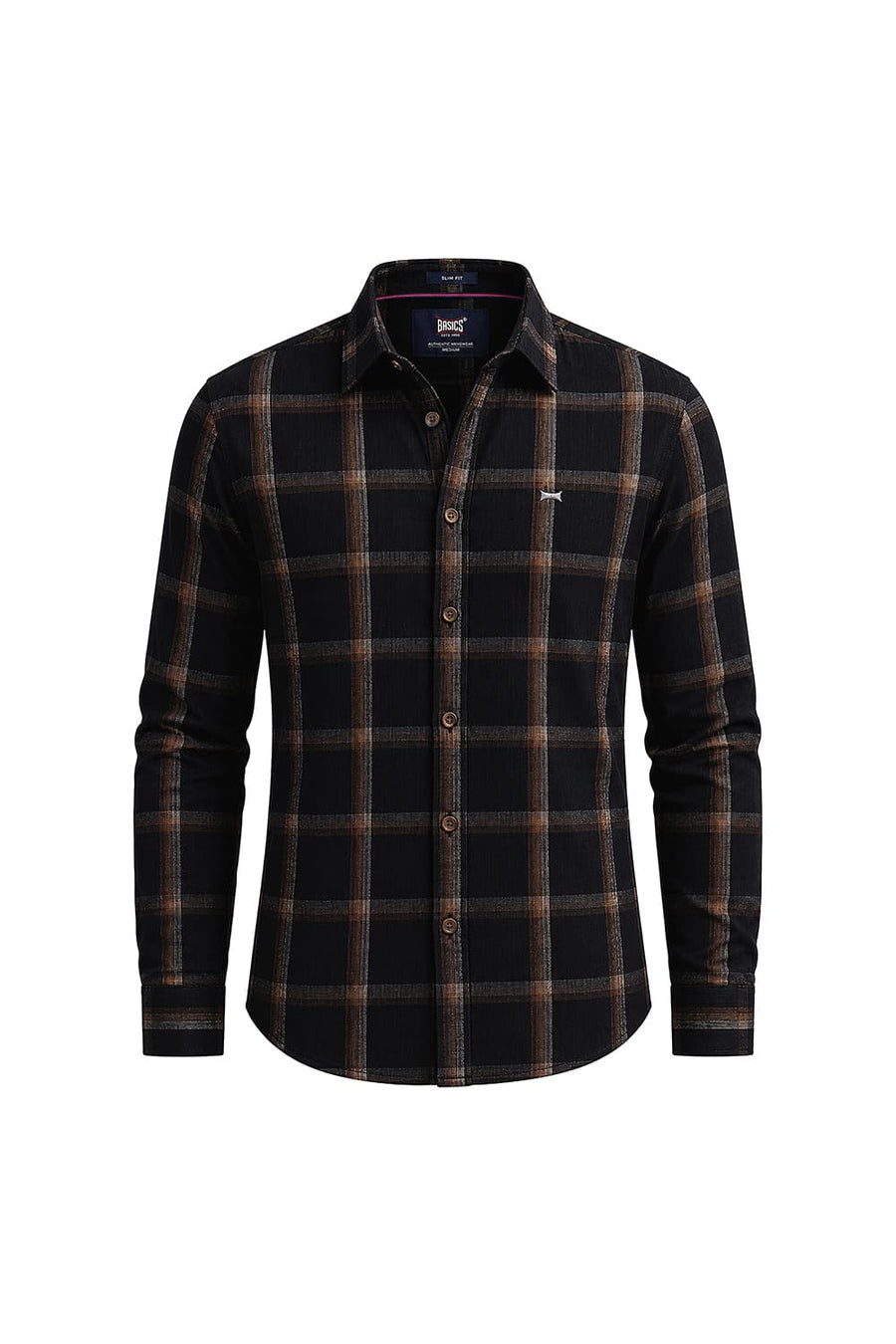 BASICS SLIM FIT BLACK VULCAN COTTON CORDUROY CHECKS SHIRT
