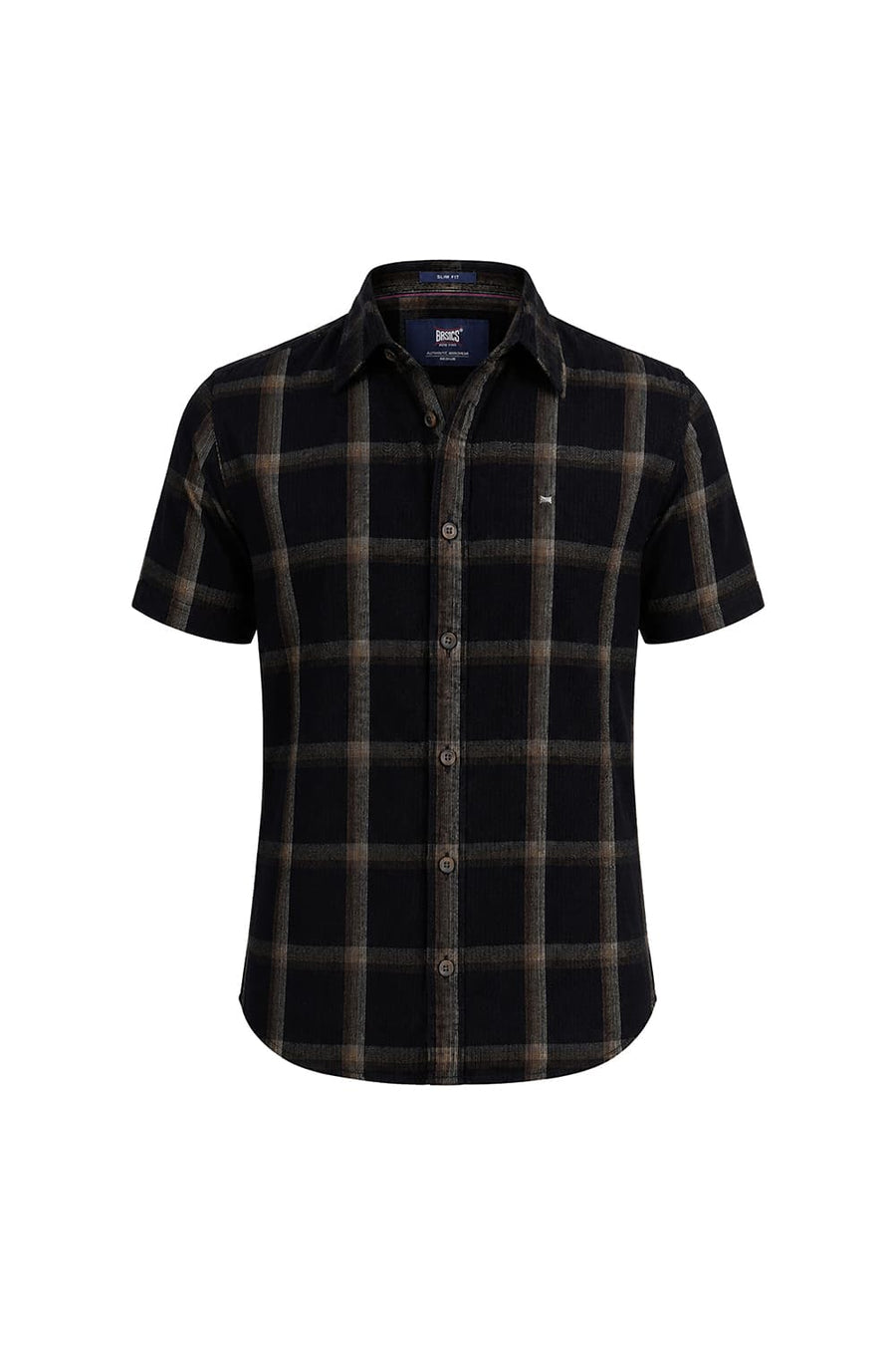 BASICS SLIM FIT BLACK VULCAN COTTON CORDUROY CHECKS HALFSLEEVES SHIRT