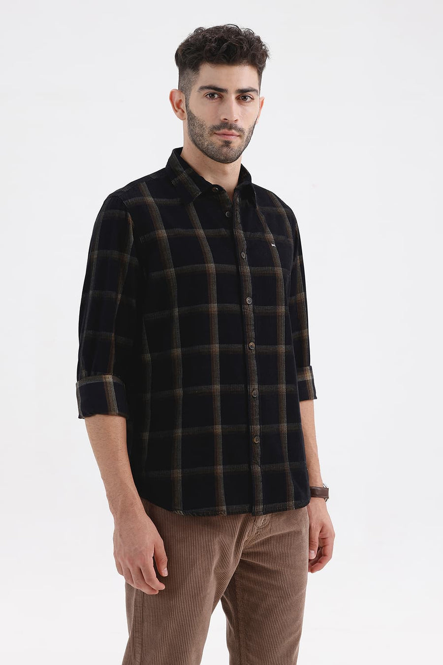 BASICS SLIM FIT BLACK VULCAN COTTON CORDUROY CHECKS SHIRT
