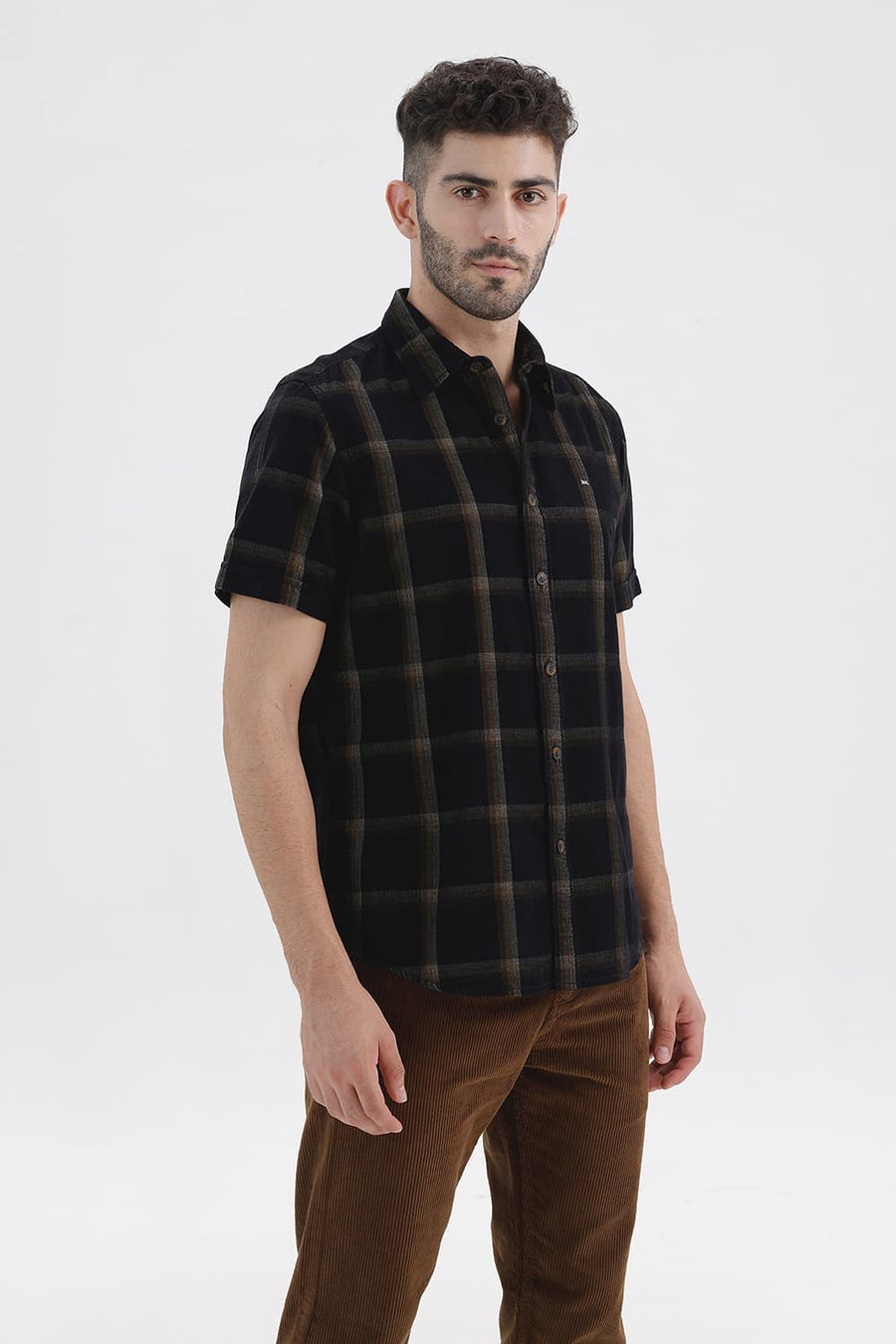 BASICS SLIM FIT BLACK VULCAN COTTON CORDUROY CHECKS HALFSLEEVES SHIRT