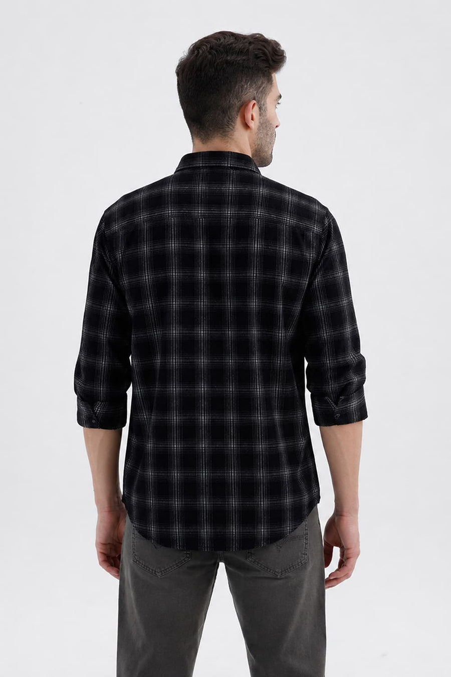 BASICS SLIM FIT BLACK CHARCOAL COTTON CORDUROY CHECKS SHIRT