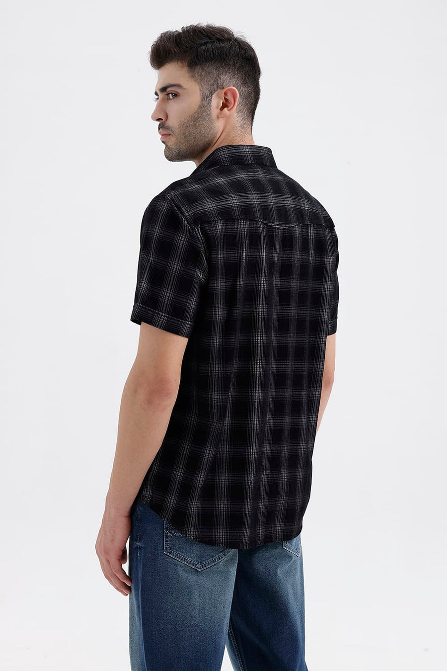 BASICS SLIM FIT BLACK CHARCOAL COTTON CORDUROY CHECKS HALFSLEEVES SHIRT