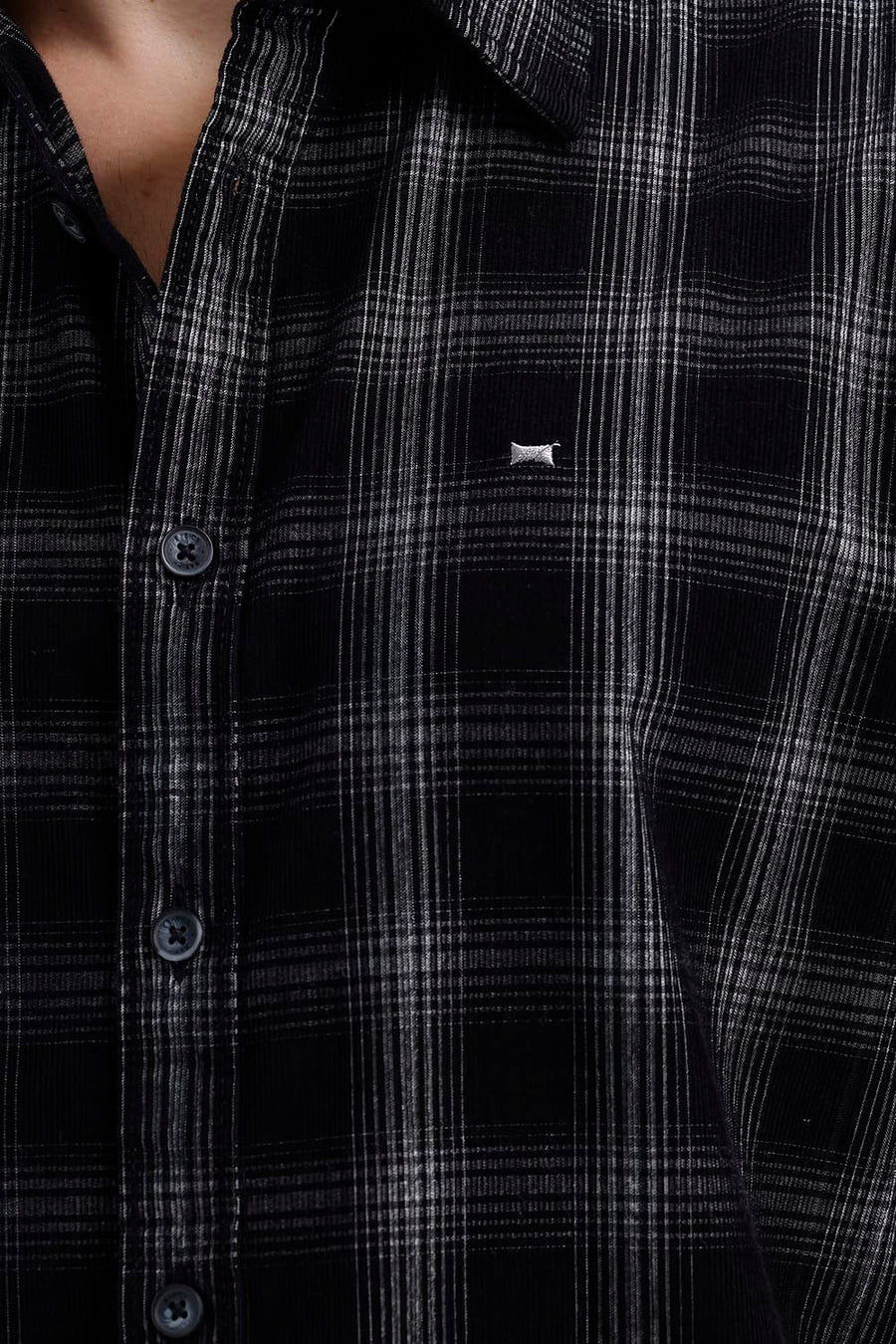 BASICS SLIM FIT BLACK CHARCOAL COTTON CORDUROY CHECKS HALFSLEEVES SHIRT