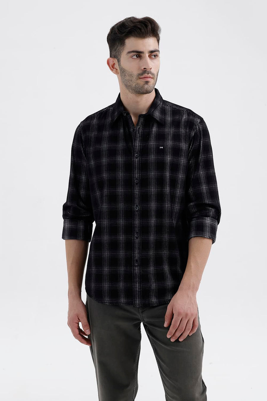 BASICS SLIM FIT BLACK CHARCOAL COTTON CORDUROY CHECKS SHIRT