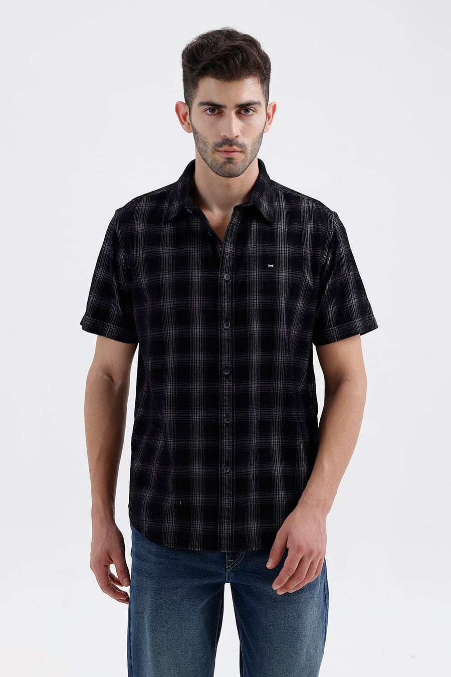 BASICS SLIM FIT BLACK CHARCOAL COTTON CORDUROY CHECKS HALFSLEEVES SHIRT
