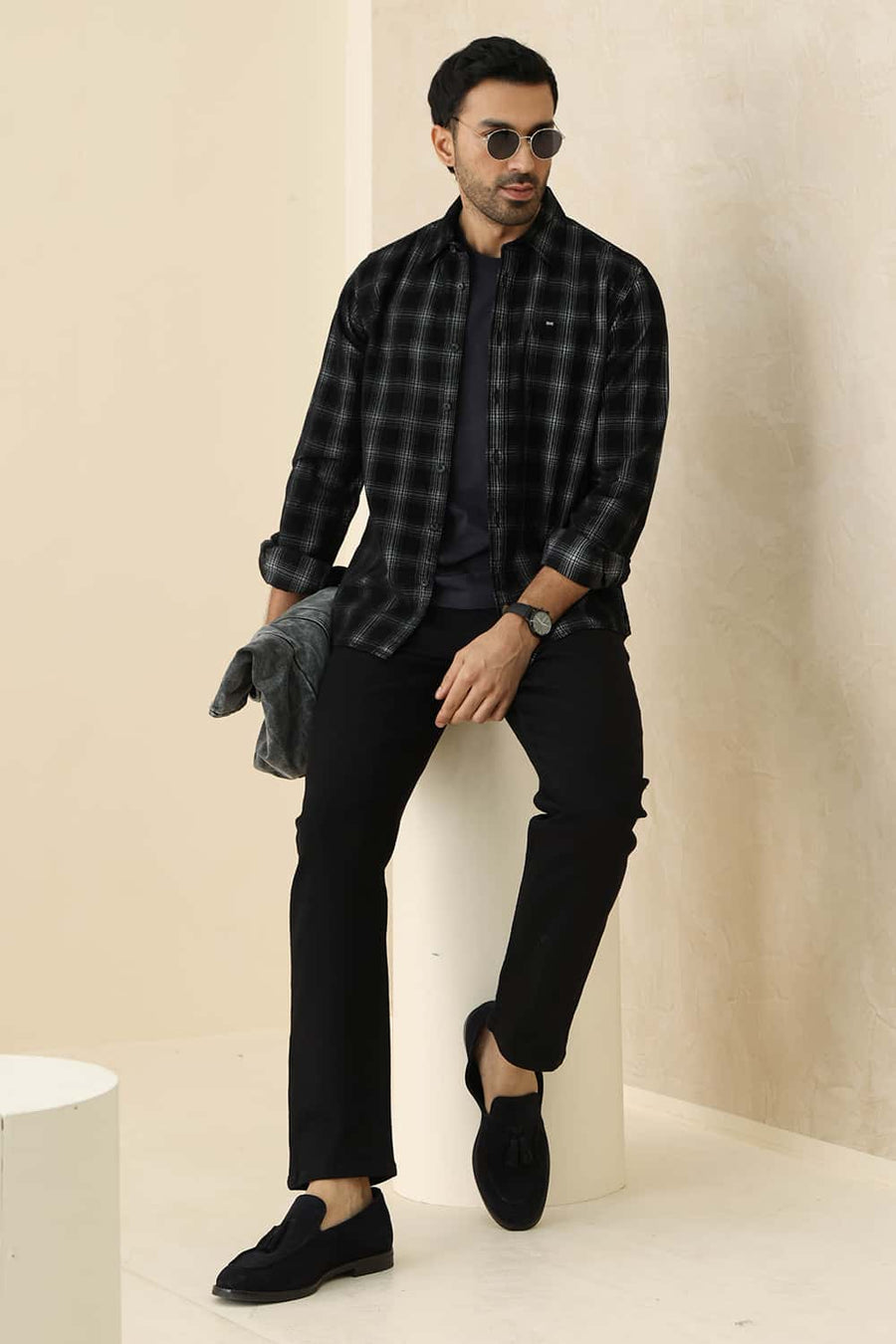 Basics Slim Fit Black Charcoal Cotton Corduroy Checks Shirt