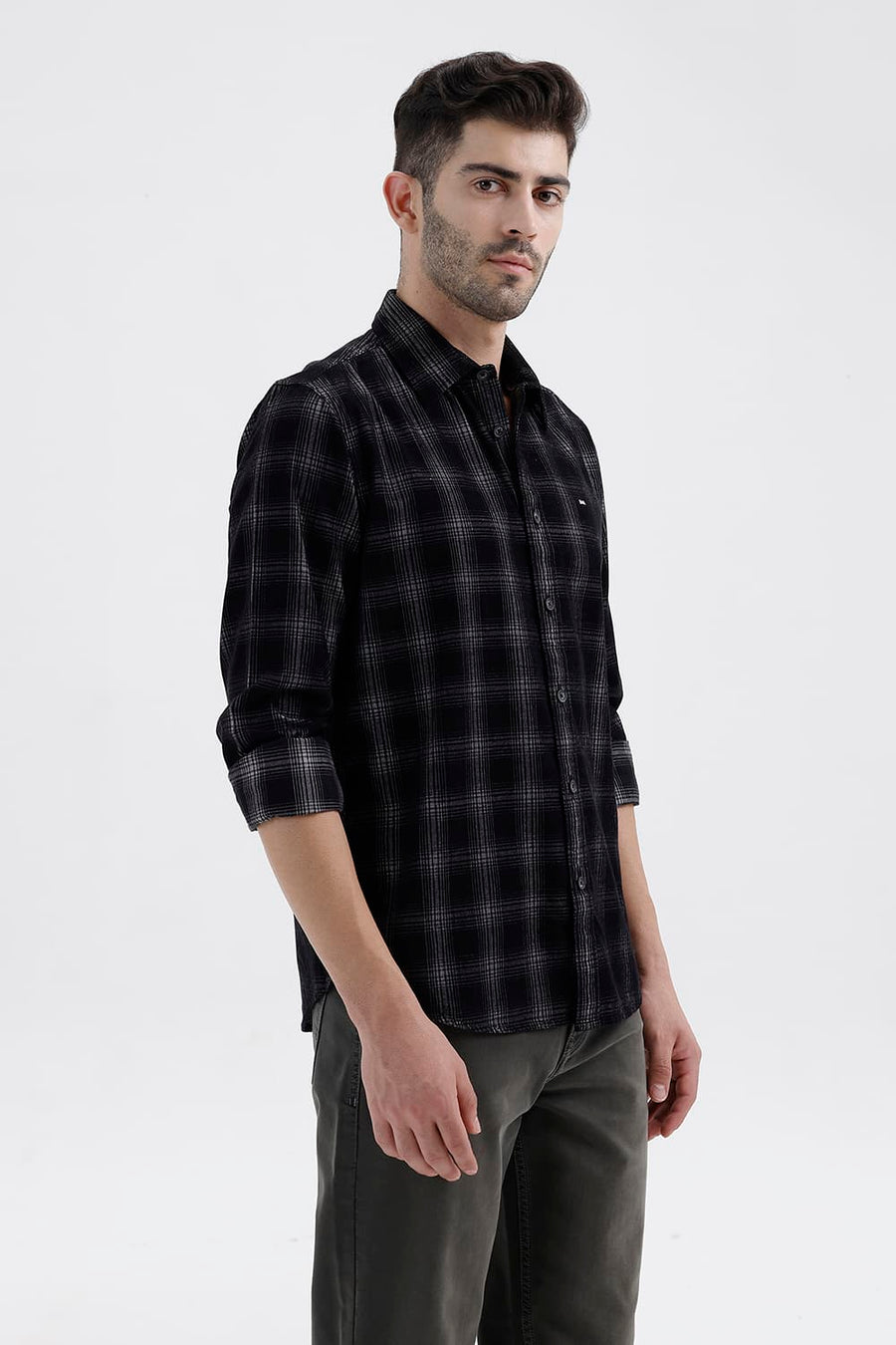 BASICS SLIM FIT BLACK CHARCOAL COTTON CORDUROY CHECKS SHIRT