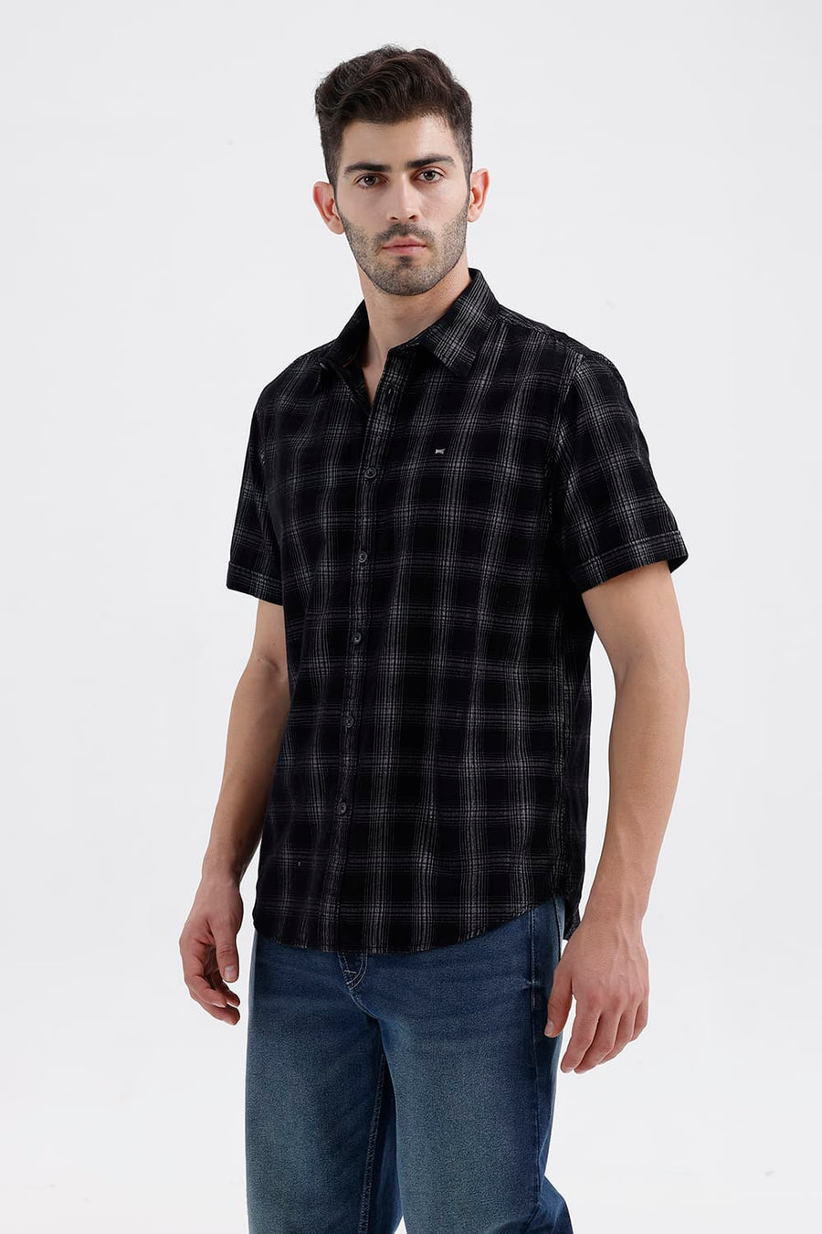 BASICS SLIM FIT BLACK CHARCOAL COTTON CORDUROY CHECKS HALFSLEEVES SHIRT