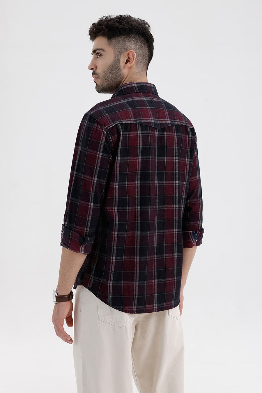 BASICS SLIM FIT BLACK OYSTER COTTON CORDUROY CHECKS SHIRT