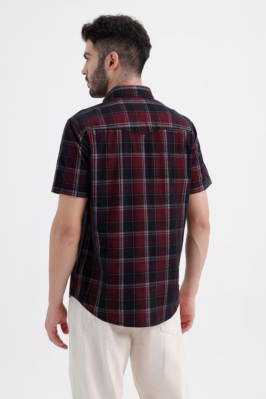 BASICS SLIM FIT BLACK OYSTER COTTON CORDUROY CHECKS HALFSLEEVES SHIRT