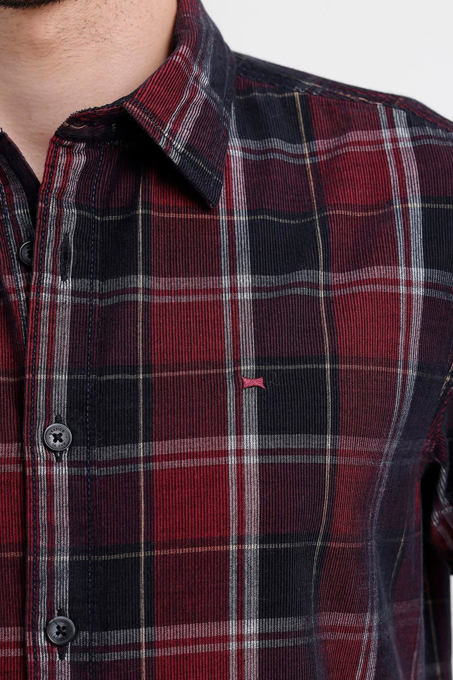 BASICS SLIM FIT BLACK OYSTER COTTON CORDUROY CHECKS HALFSLEEVES SHIRT