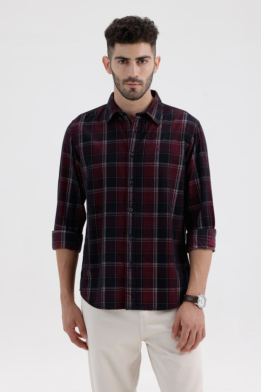 BASICS SLIM FIT BLACK OYSTER COTTON CORDUROY CHECKS SHIRT