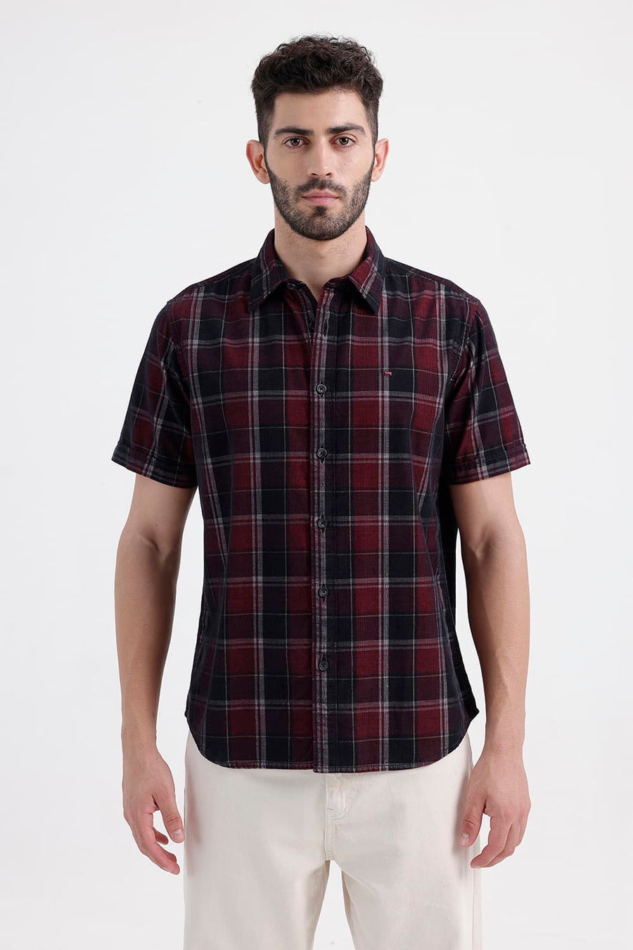 BASICS SLIM FIT BLACK OYSTER COTTON CORDUROY CHECKS HALFSLEEVES SHIRT