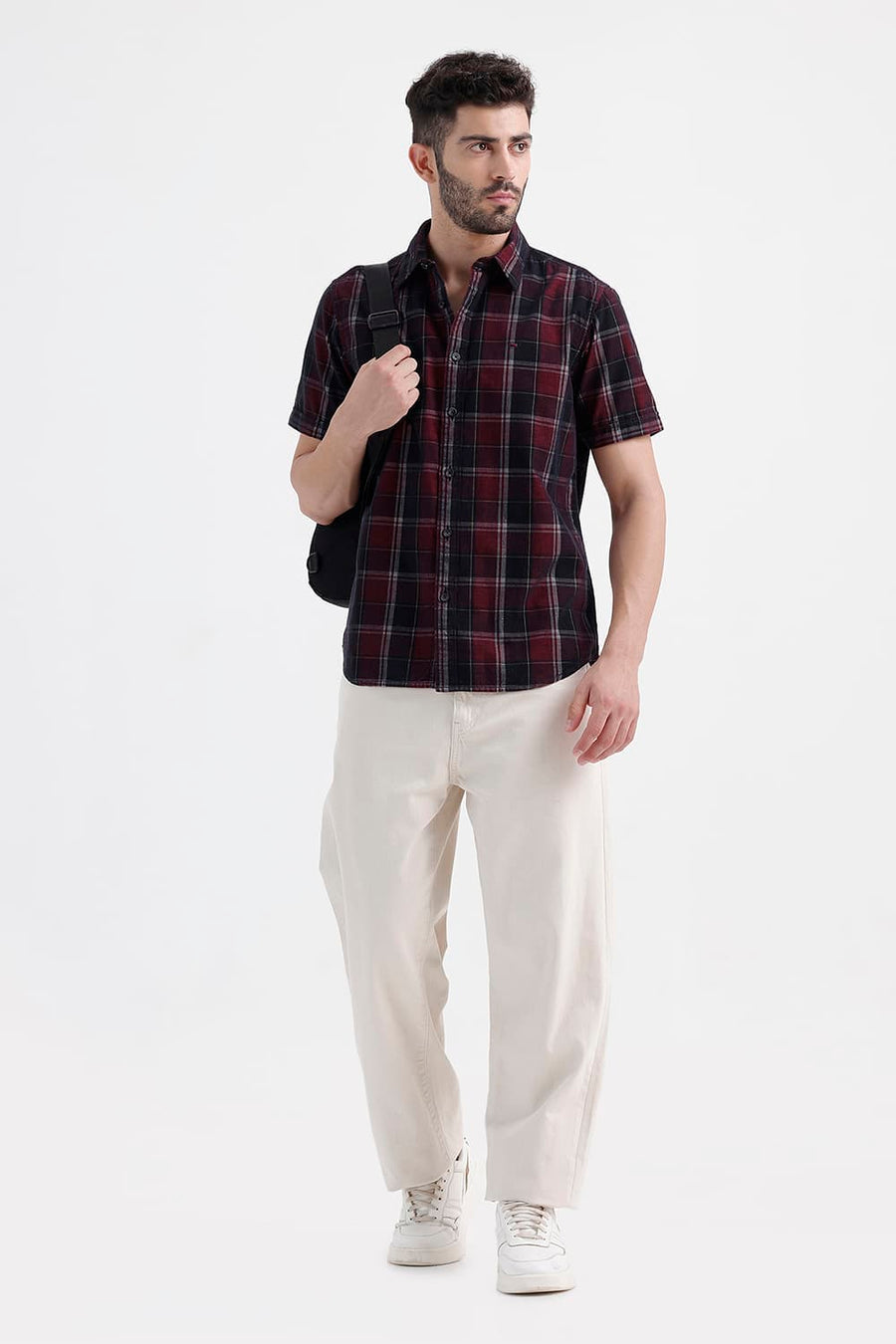 BASICS SLIM FIT BLACK OYSTER COTTON CORDUROY CHECKS HALFSLEEVES SHIRT