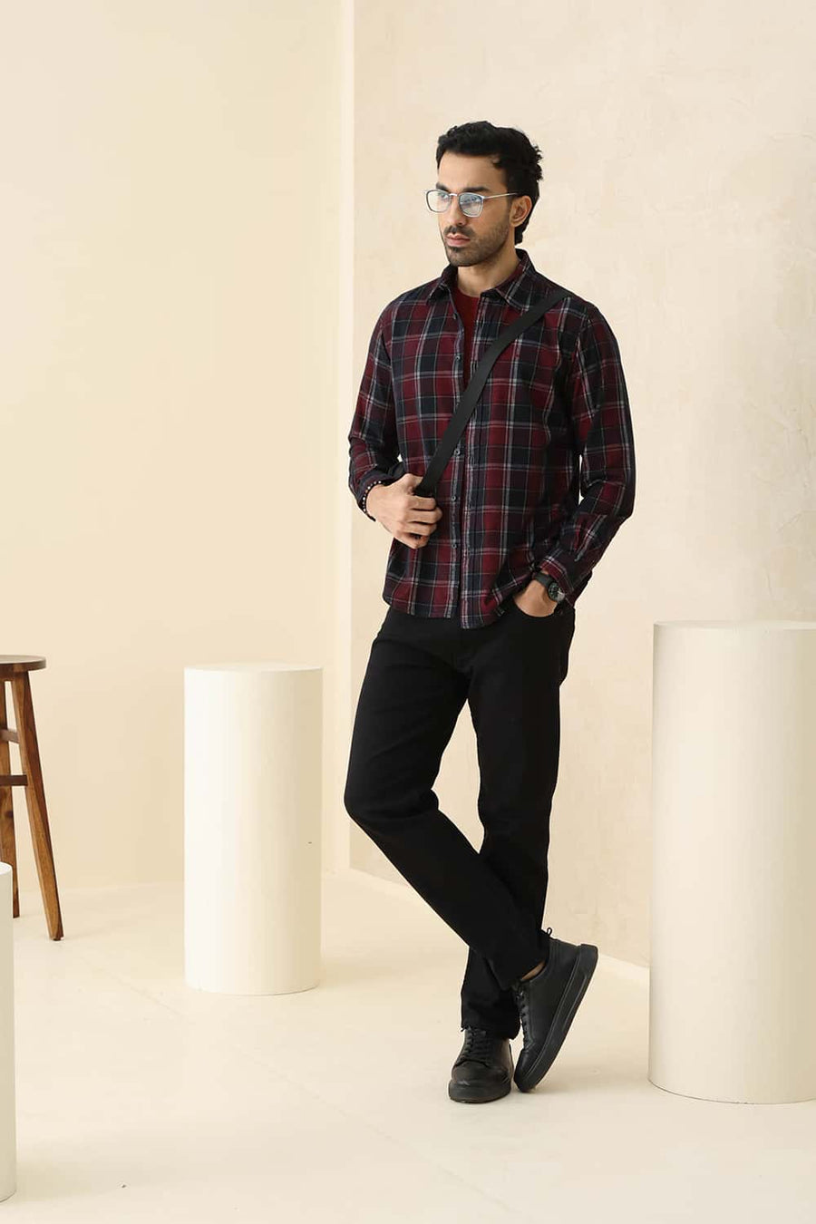 Basics Slim Fit Black Oyster Cotton Corduroy Checks Shirt
