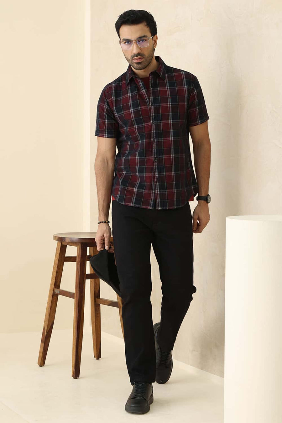 Basics Slim Fit Black Oyster Cotton Corduroy Checks Halfsleeves Shirt