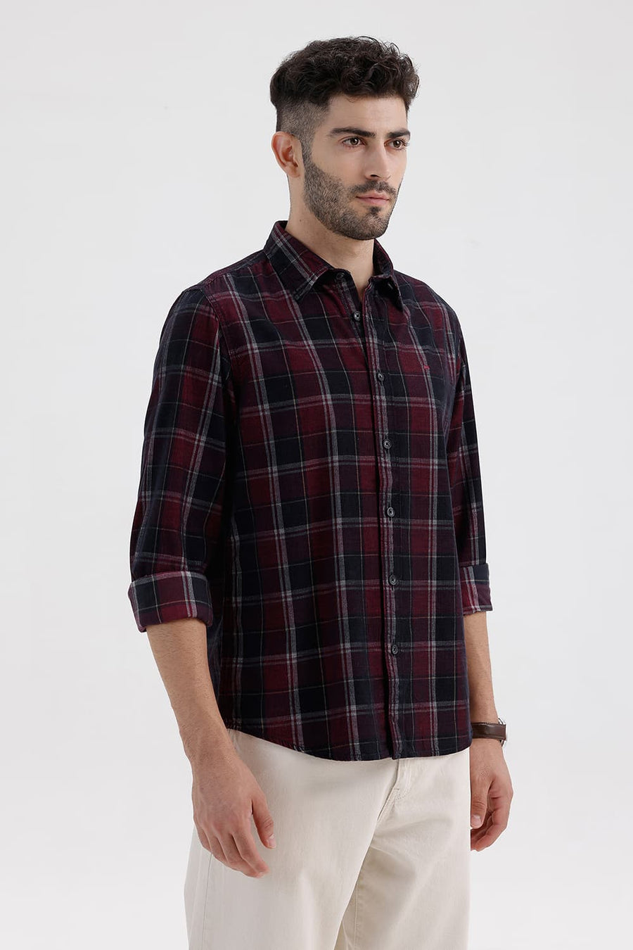 BASICS SLIM FIT BLACK OYSTER COTTON CORDUROY CHECKS SHIRT