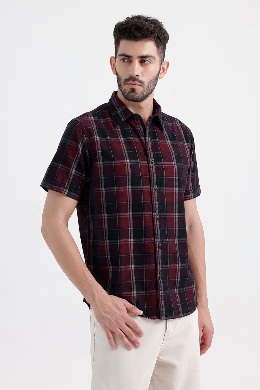 BASICS SLIM FIT BLACK OYSTER COTTON CORDUROY CHECKS HALFSLEEVES SHIRT