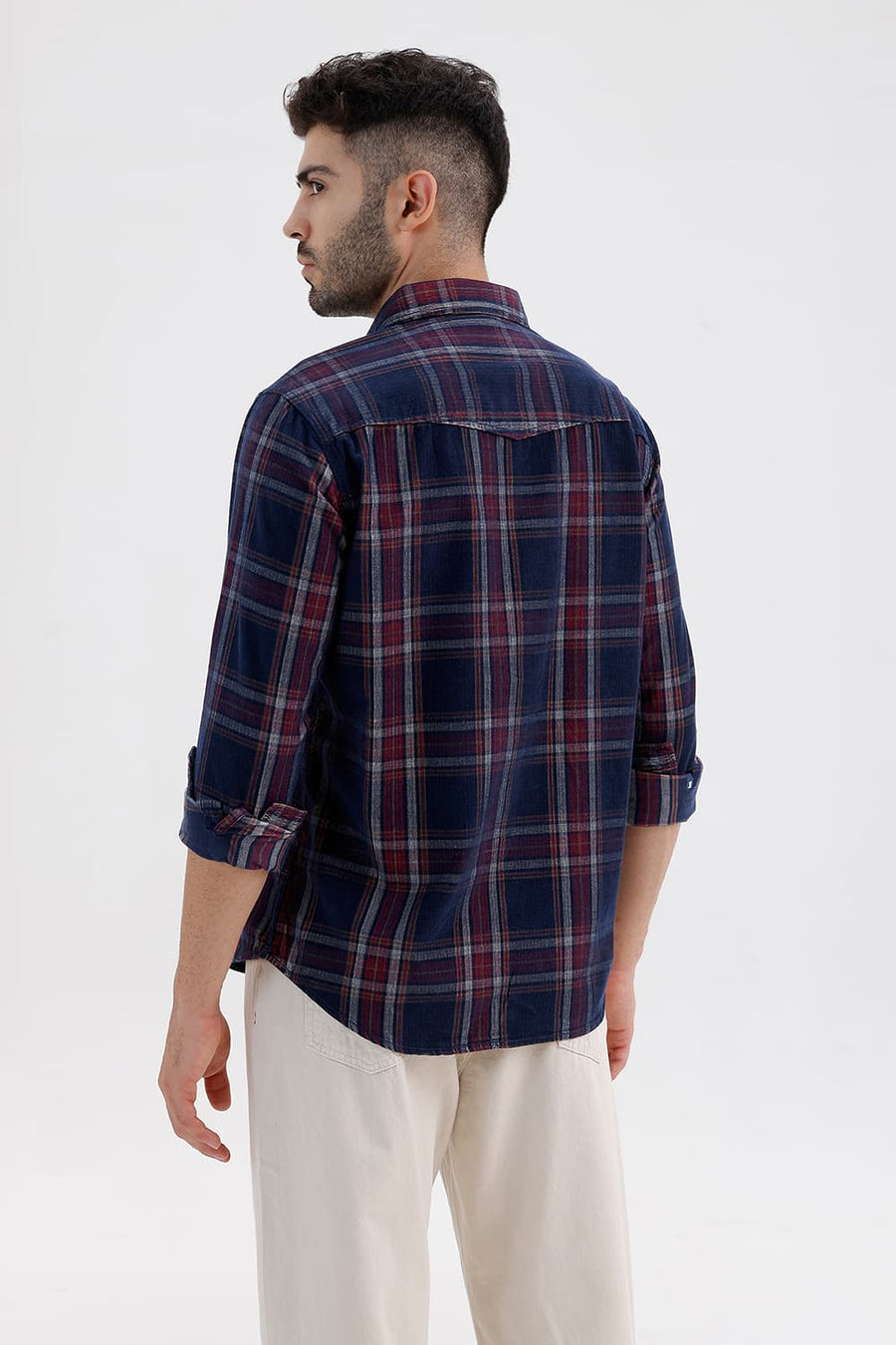 BASICS SLIM FIT SPACE NAVY COTTON CORDUROY CHECKS SHIRT
