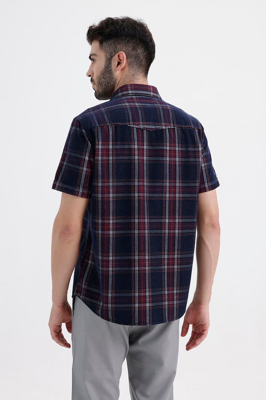 BASICS SLIM FIT SPACE NAVY COTTON CORDUROY CHECKS HALFSLEEVES SHIRT