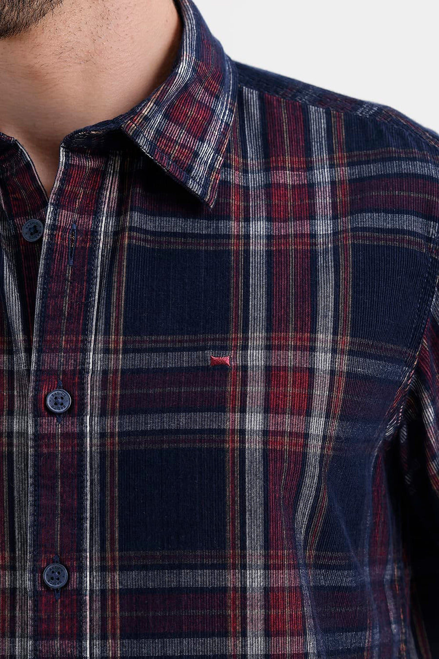 BASICS SLIM FIT SPACE NAVY COTTON CORDUROY CHECKS HALFSLEEVES SHIRT