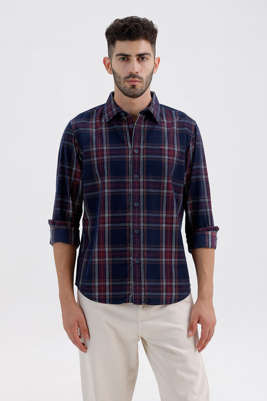 BASICS SLIM FIT SPACE NAVY COTTON CORDUROY CHECKS SHIRT