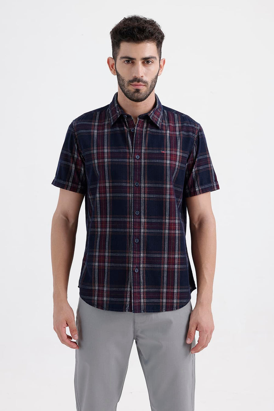 BASICS SLIM FIT SPACE NAVY COTTON CORDUROY CHECKS HALFSLEEVES SHIRT