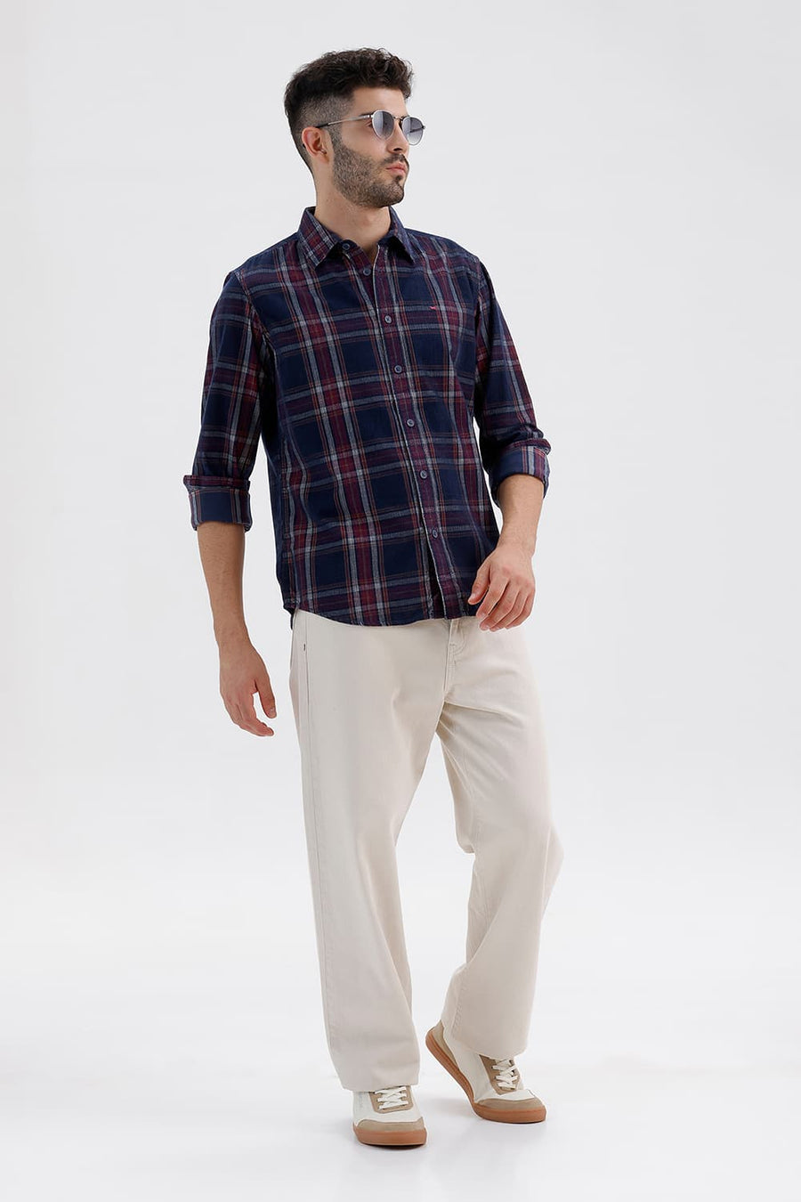 BASICS SLIM FIT SPACE NAVY COTTON CORDUROY CHECKS SHIRT