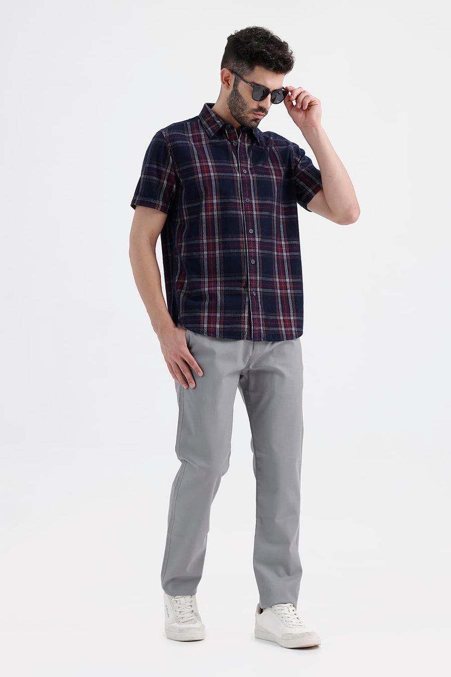 BASICS SLIM FIT SPACE NAVY COTTON CORDUROY CHECKS HALFSLEEVES SHIRT