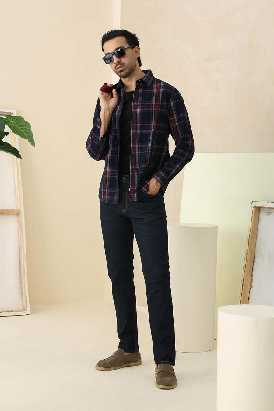 Basics Slim Fit Space Navy Cotton Corduroy Checks Shirt