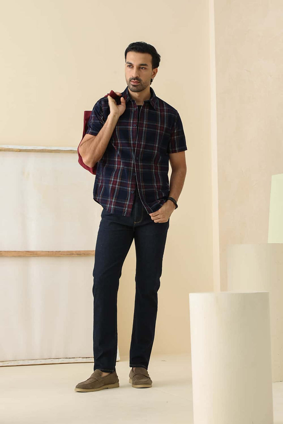 Basics Slim Fit Space Navy Cotton Corduroy Checks Halfsleeves Shirt
