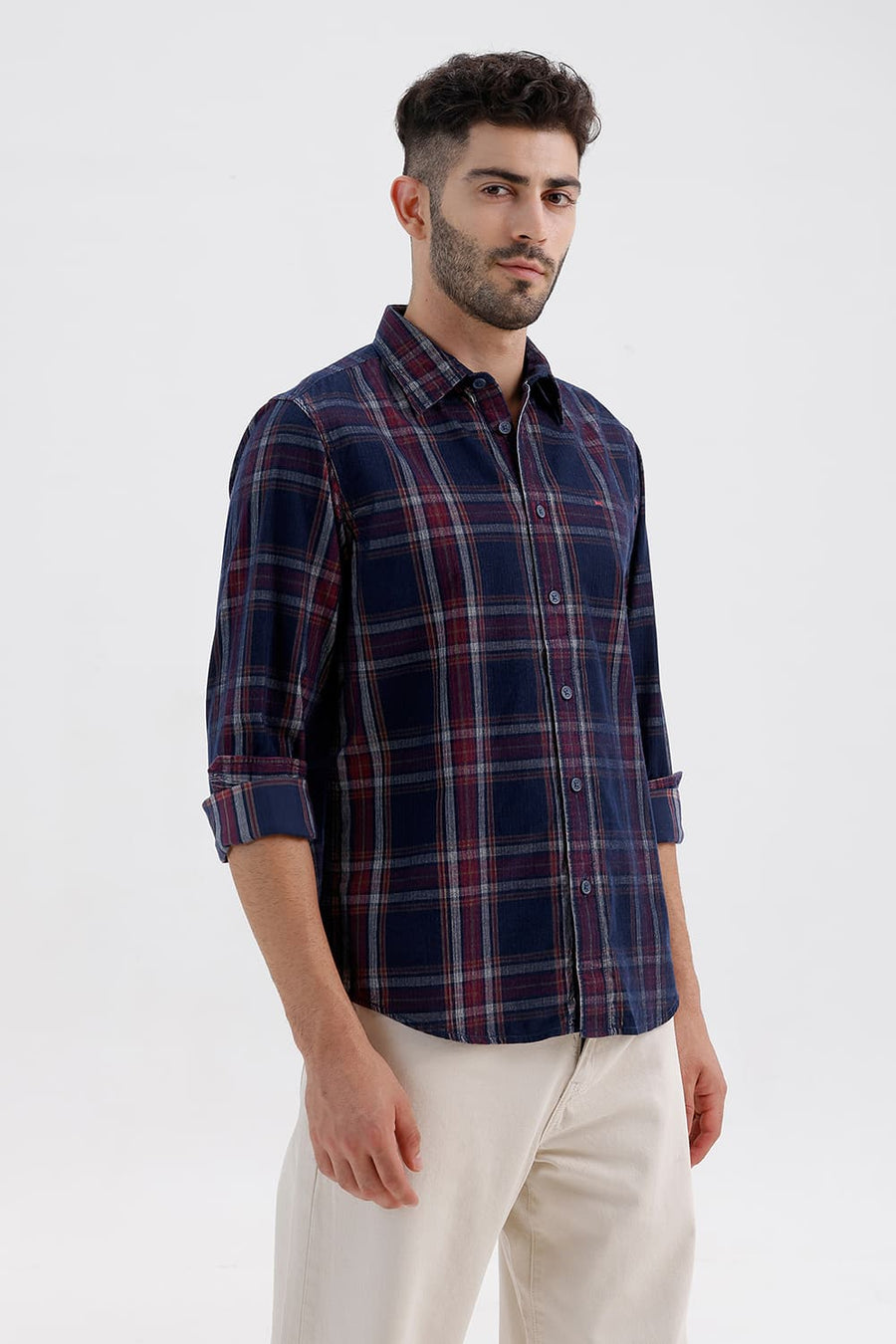BASICS SLIM FIT SPACE NAVY COTTON CORDUROY CHECKS SHIRT